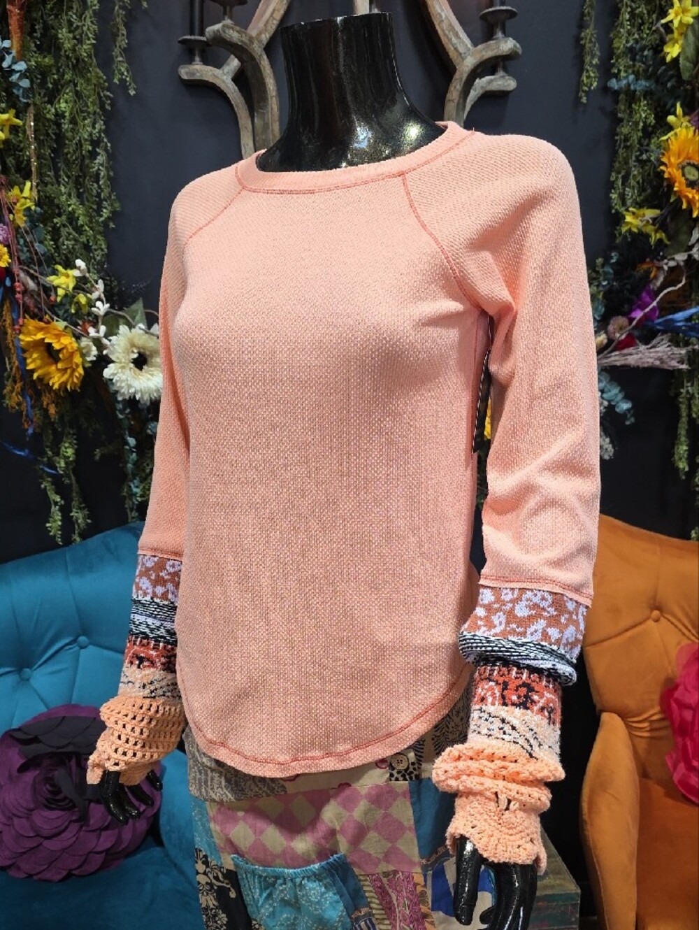 NEW! Free People Thermal Henley w/ Crochet & Embroidered Sleeves